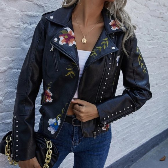 Embroidered Floral Vegan Leather Boho Moto Jacket - Picture 3 of 5